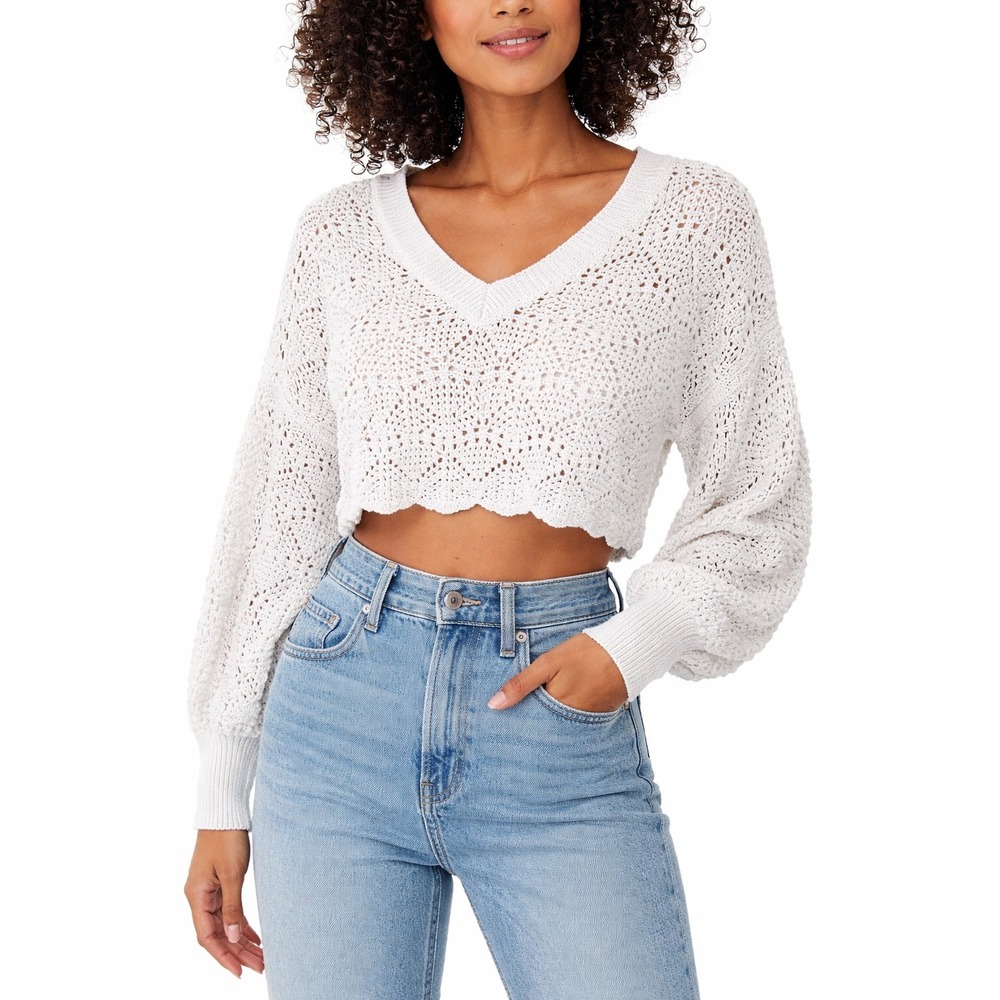 AQUA Women's Cropped Scalloped Crochet V Neck Sweater‎ Small Boho Festival Layer